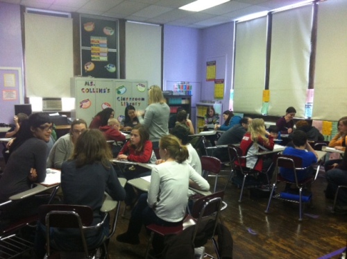 Middle School Students at West Preston sit during a workshop with MFA Students